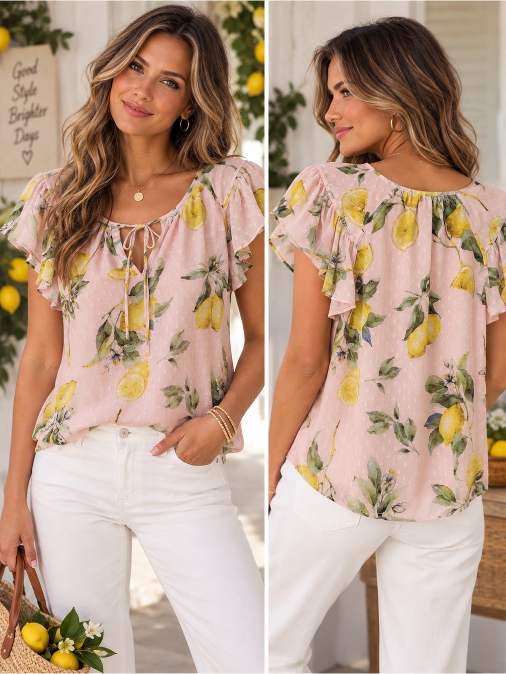 071 NWT Joie Pink and Yellow Flutter Sleeve Blouse with Ruffled Tie Front